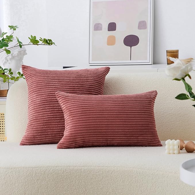 Home Brilliant Pink Throw Pillow for Bedroom Striped Velvet Corduroy Euro Sham Large Pillow Case for Sofa, 24 x 24 inch (60cm), Dry Rose Pink