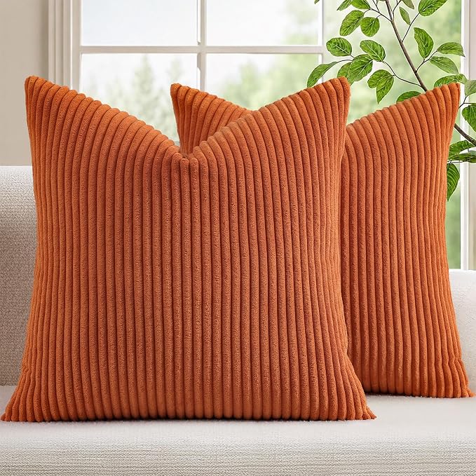 Mecatny Corduroy Fall Throw Pillow Covers 20x20 Set of 2 Burnt Orange | Soft Striped Texture, Hidden Zipper Design, Neutral Boho Square Pillow Cases for Sofa Couch Living Room Bedroom, Home Décor