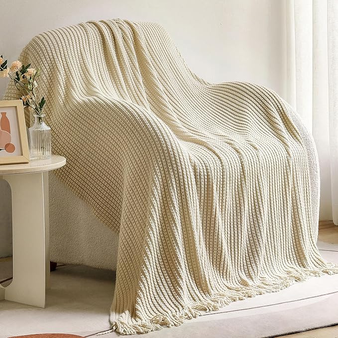 Blagic Knit Throw Blanket for Couch and Bed with Tassels,Off White, 50"x60" | Soft Farmhouse Boho Throw Blanket with Tassels,Decorative for Living Room,Gifts for Adults,All Season Use
