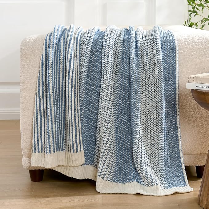 Premium Chenille Throw Blanket, Soft Cozy Luxury Two-Tone Knit Blanket for Couch, Sofa, Chair, Home Decor, Blue & Ivory 50"x60"