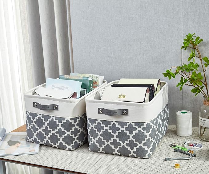 DECOMOMO Storage Bins, Large Fabric Storage Baskets for Shelves 3 Pack | 15 x 11 x 9.5 inches Decorative Linen Closet Organizers with Handles(Grey Patterns)