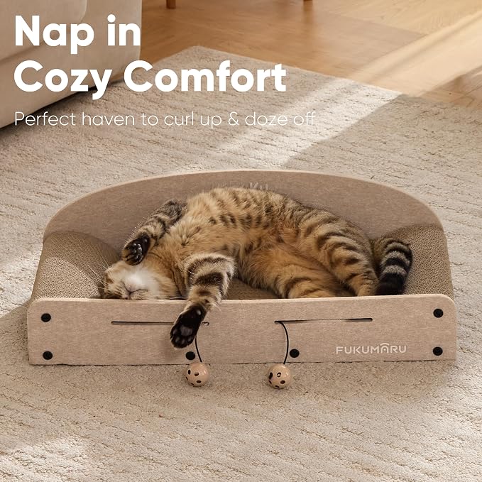 FUKUMARU Large Cat Scratcher Bed, 26 Inch Cat Scratching Bed Sofa Indoor | Cardboard Cat Scratcher with 2 Reversible Scratch Pad Refills, Durable Large Cat Scratching Lounger with Ball Toy, Beige
