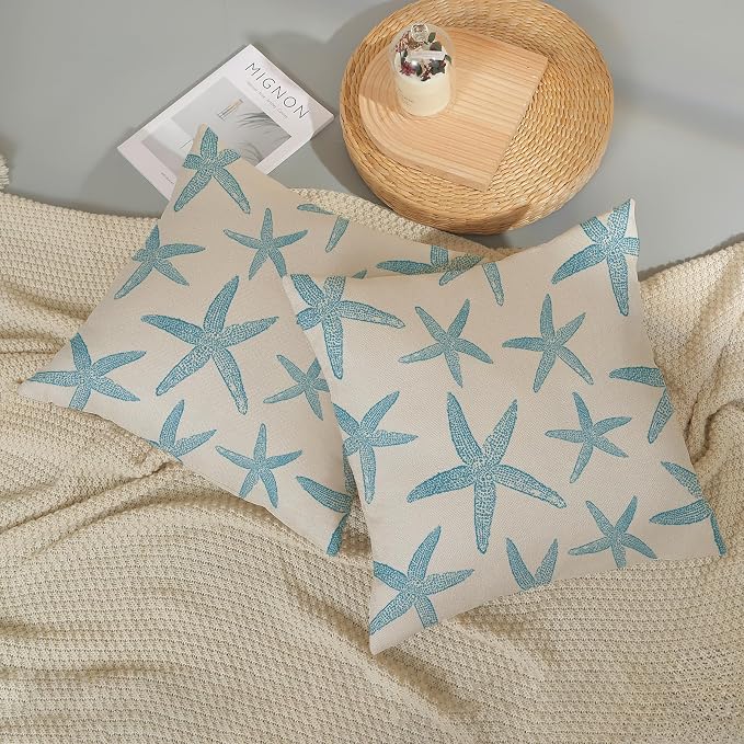 Blue Starfish Pillow Covers 18x18 Set of 2 Coastal Throw Pillows Spring Summer Nautical Ocean Theme Beach Decorative Pillow Cases Farmhouse Linen Outdoor Decor Cushion Case for Home Bedroom