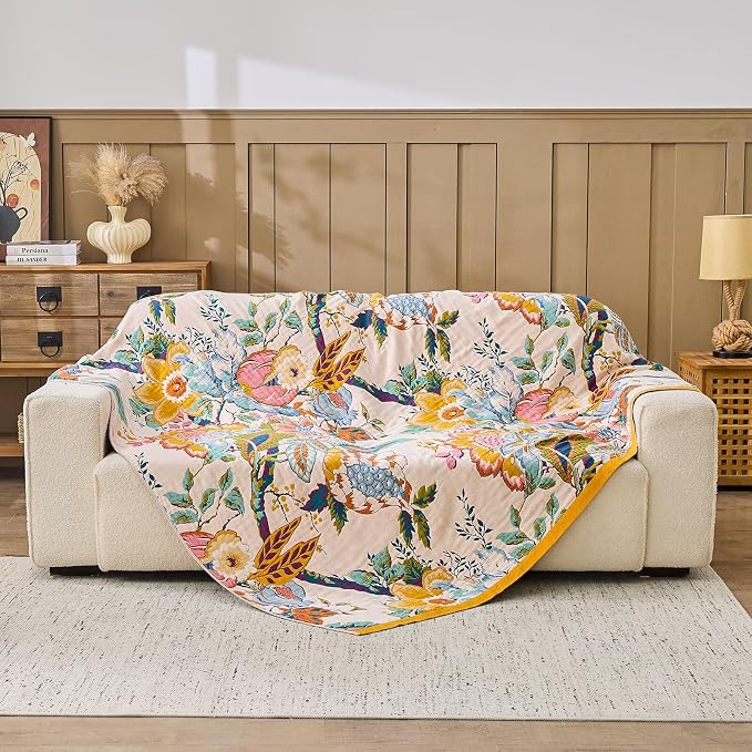 XIBLC Boho Throw Blanket 100% Cotton Vintage Blanket Muslin Woven Flower Decorative Throw Blankets All Season Bohemian Rustic Farmhouse Decor Quilt for Bed (Yellow 50"x60")