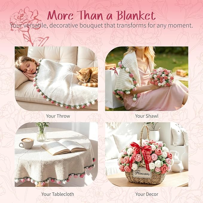 Pink Rose Crochet Flower Bouquet Blanket 43 Inch Throw 60 Rose Flowers | Gift Bag, Writable Card, Machine Washable, Hand-Crocheted Pink Roses, Ready for Birthdays, Holidays, or Anniversaries.