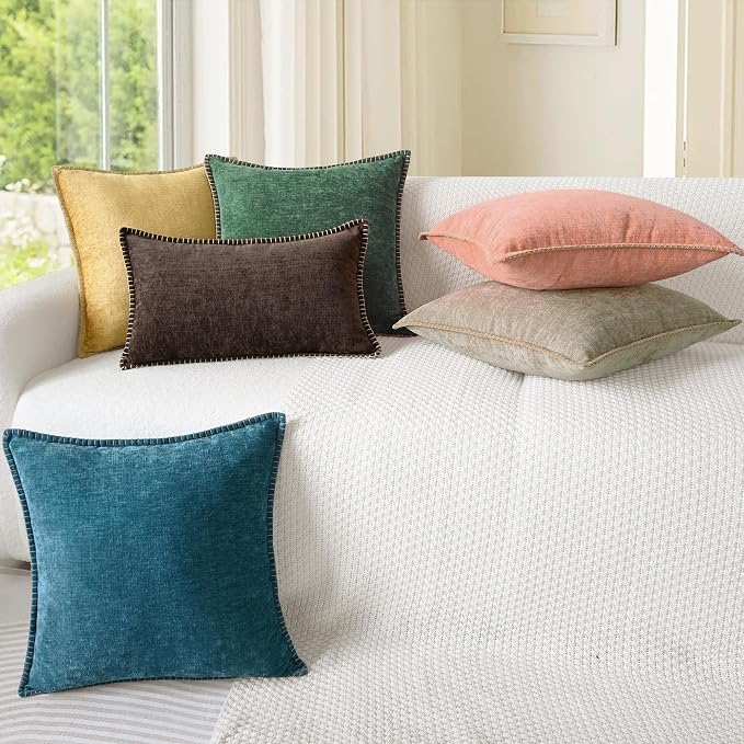 CaliTime Decorative Couch Throw Pillow Covers 24 X 24 Inches Ocean Blue | Pack of 2, Cozy Chenille Cushion Cases, Cotton Thread Stitching Edges, for Sofa Bed Living Room Farmhouse