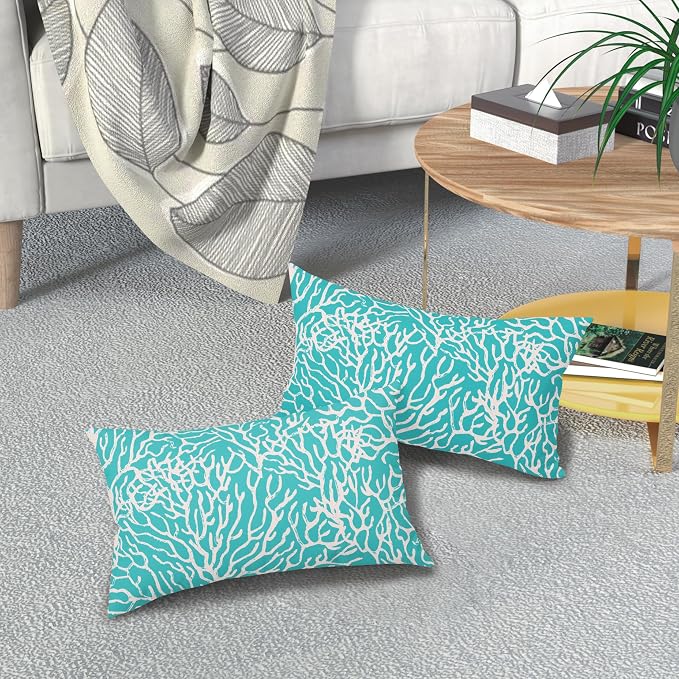 Nautical Coastal Coral Lumbar Pillow Covers 12x20 Inch Set of 2 Summer Ocean Beach Aqua Teal Decorative Pillow Cases Outdoor Linen Cushion Cover Farmhouse Decor for Bedroom Home Sofa Couch Bed