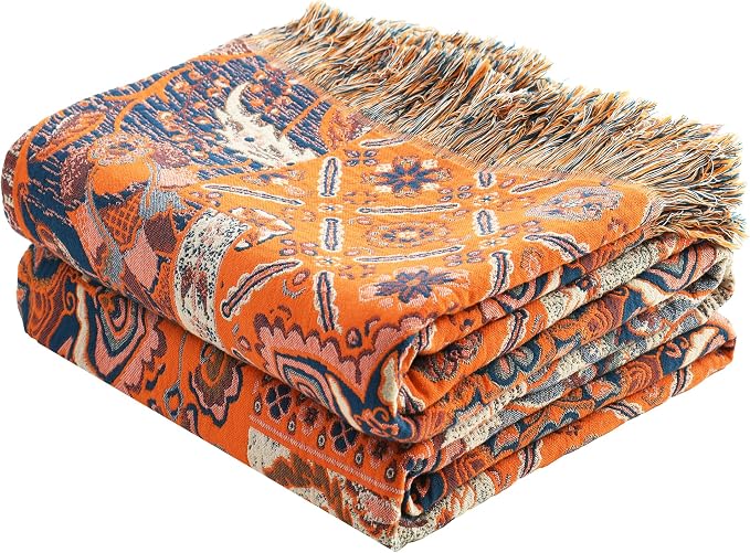 VANJOROY Boho Throw Blanket for Bed Couch 91" x 98", 100% Organic Cotton Skin-Friendly Ultra Soft Quilt Throw - Floral Rustic Living Room Decor Luxury Reversible Blanket for Sofa Chair and Gift