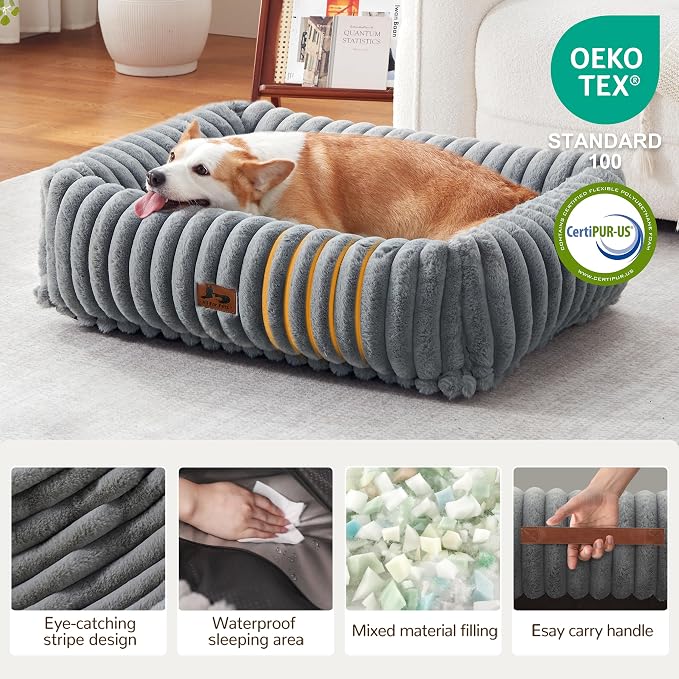 Dog Bed Medium Size Dog, Rectangle Orthopedic Pet Bed for Car and Indoor, Comfort Fluffy Memory Foam Dog Beds with Anti-Slip Bottom,Grey(30x24x8 inches)