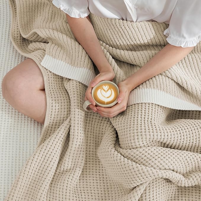 Chenille Throw Blanket, Soft Cozy Waffle Throw for Couch & Sofa, Warm Yet Lightweight, Breathable All-Season Throws for Women Men, Housewarming, Birthdays, 60"x80", Beige