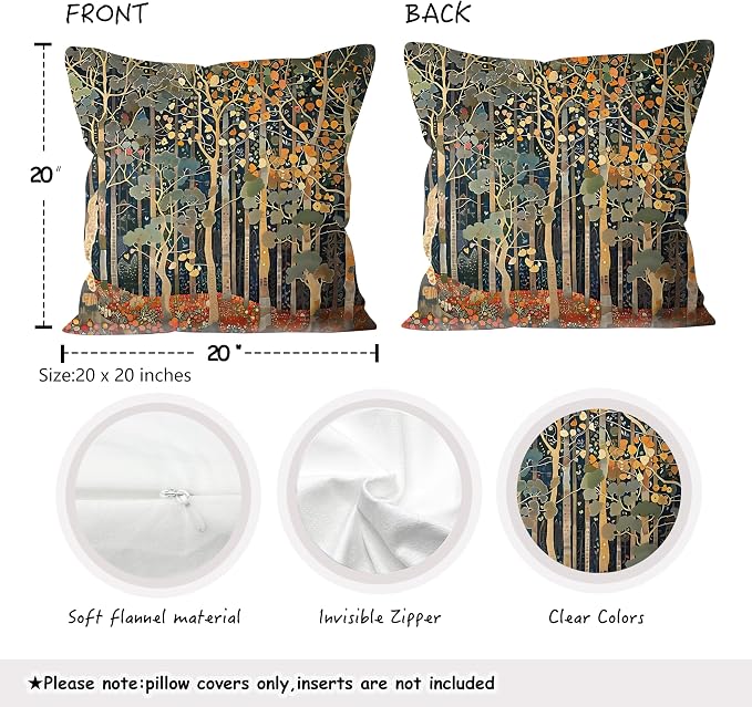 Rustic William Morris Inspired Autumn Forest Pillow Covers 20x20 Set of 2, Fall Home Room Decor, Vintage Botanical NatureDecorative Throw Pillow Covers for Home Bedroom Living Room