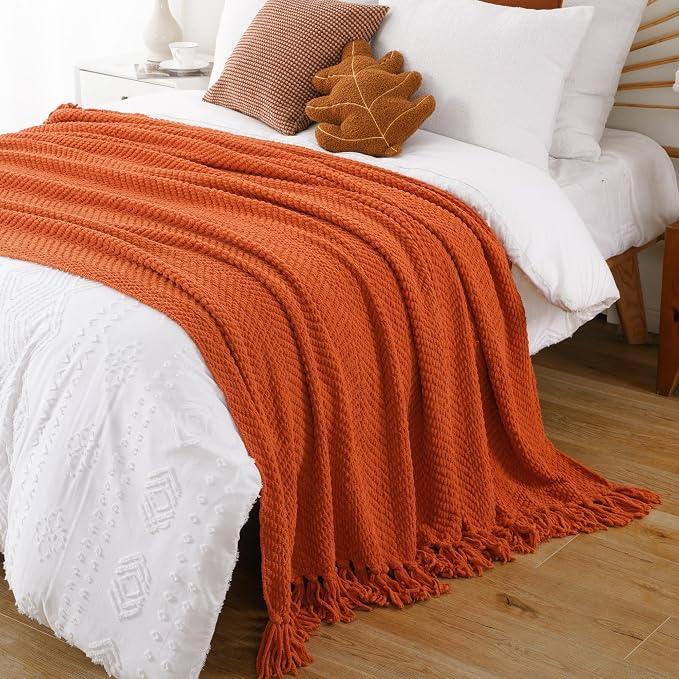 BATTILO HOME Burnt Orange Throw Blanket for Couch, 60"x80" | Knit Fall Decor Blanket Versatile for Chair, Decorative Halloween Throw Blanket with Tassels for Bed