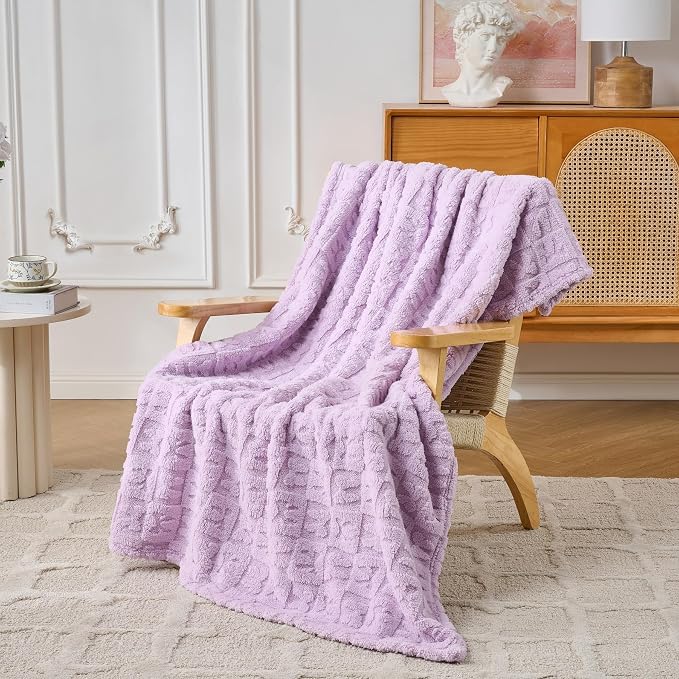 Lavender Plush Throw Blanket 50 x 60 Inch, Soft Fuzzy Fleece Blanket with Purple Bow, Cozy Decorative Blanket for Couch, Sofa, Bed and Bedroom