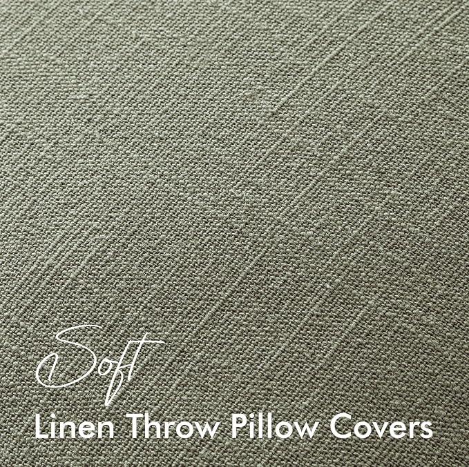 EMEMA Decorative Linen Throw Pillow Covers 18x18 Inch Olive Green | Boho Farmhouse Neutral Couch Throw Pillows for Bed Pack of 2 Accent Pillowcase Modern Sofa Cushion Livingroom Home Decor