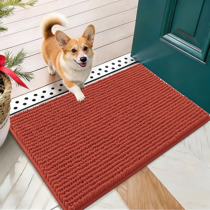OLANLY Dog Door Mat for Muddy Paws 24x16, Extra Absorbent Chenille Mud Mat | Maple Red, Absorbs Moisture and Dirt, Non-Slip Machine Washable Doormat, Quick-Drying Indoor Entryway Floor Mat for Dogs