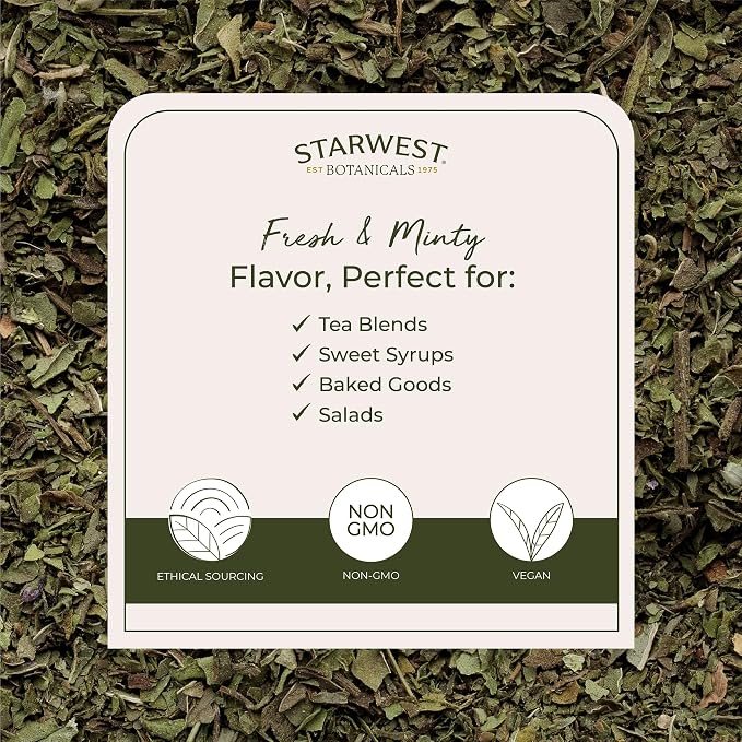 Starwest Botanicals Organic Peppermint Leaves Cut & Sifted - Dried Loose Leaf Herb for Tea, Herbal Blends, Baking, & Cooking, Caffeine Free, Sourced from Egypt, Certified Kosher, Non-GMO - 4 oz Pouch