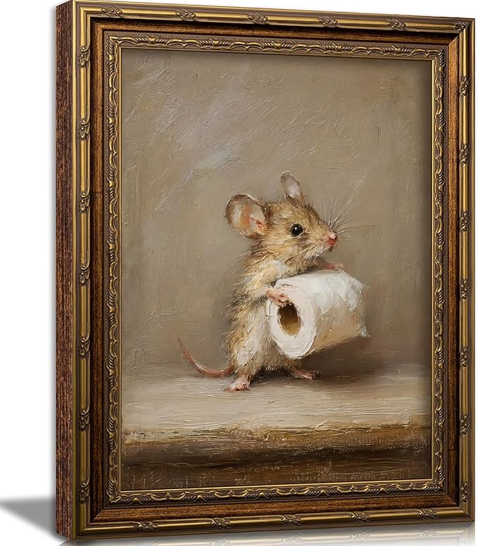 Funny Bathroom Wall Art, Vintage Gold Framed Mouse With Toilet Paper, 12x16 | Funny mouse canvas print, cute animal bathroom decor, rustic farmhouse style, wall art for restroom, washroom, or powder room