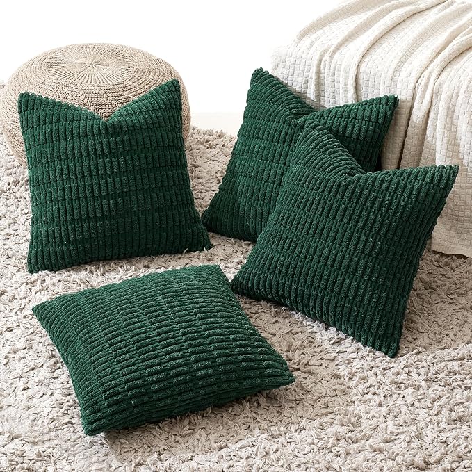 MIULEE Pack of 4 Christmas Corduroy Throw Pillow Covers 18x18 Dark Green | Neutral Rustic Farmhouse Boho Soft Striped Pillow Covers,Home Decor for Sofa,Living Room,Couch,Bed