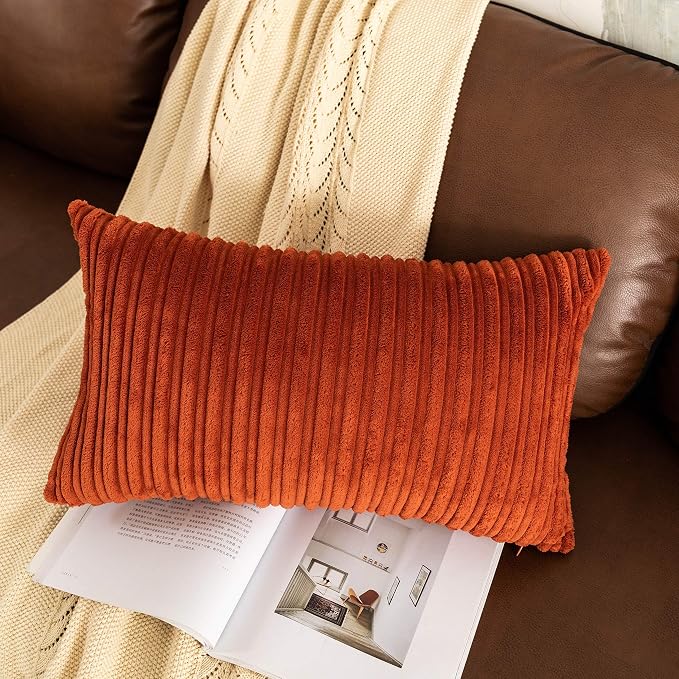 UGASA Fall 14x24 Inch Pillow Cover Pack of 1 Soft Boho Stripe Corduroy Long Rectangle Lumbar Cushion Case Farmhouse Decorative Throw Pilowcase for Bed, Couch, Sofa, Bedroom, Living Room, Burnt Brick