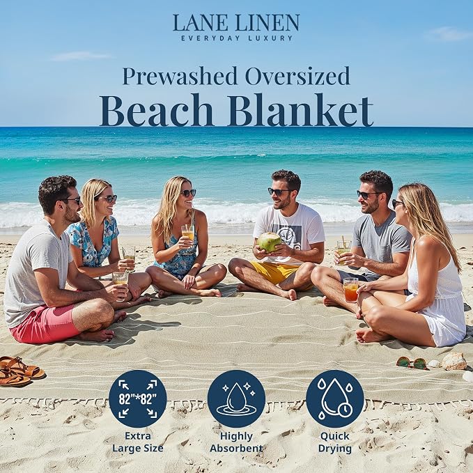 LANE LINEN Picnic Blankets - Turkish Beach Blanket Sandproof with Lightweight Quick Dry Design, 82"x82", Beach Summer Vacation Essentials for Relaxing, Park Outings or Yoga Mat – Beige