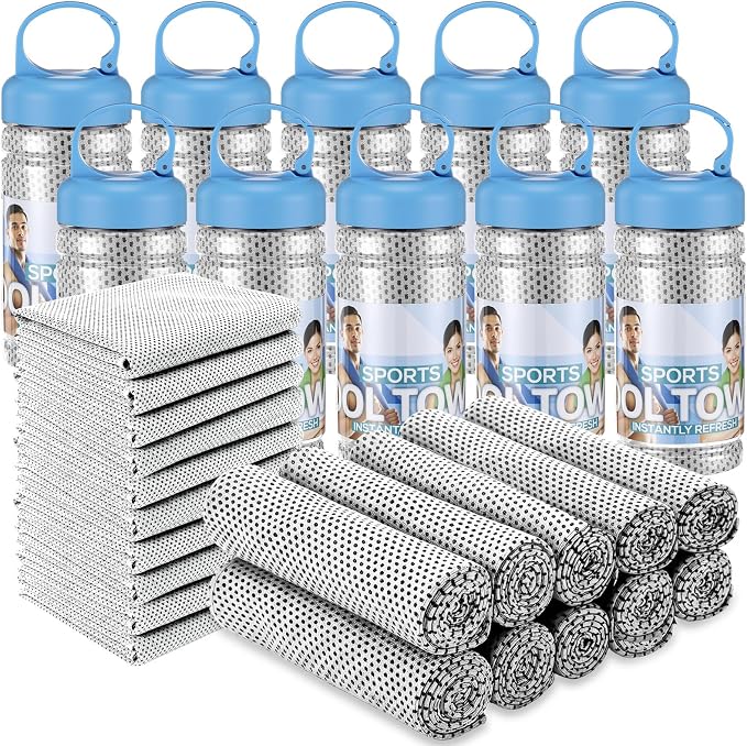 Honoson 20 Pcs Cooling Towels for Neck and Face, 47"x12" Sports Breathable Ice Towels Microfiber Chilly Sweat Rags with Portable Bottle for Gym Golf Athletes Yoga Workout Hot Weather (Light Gray)