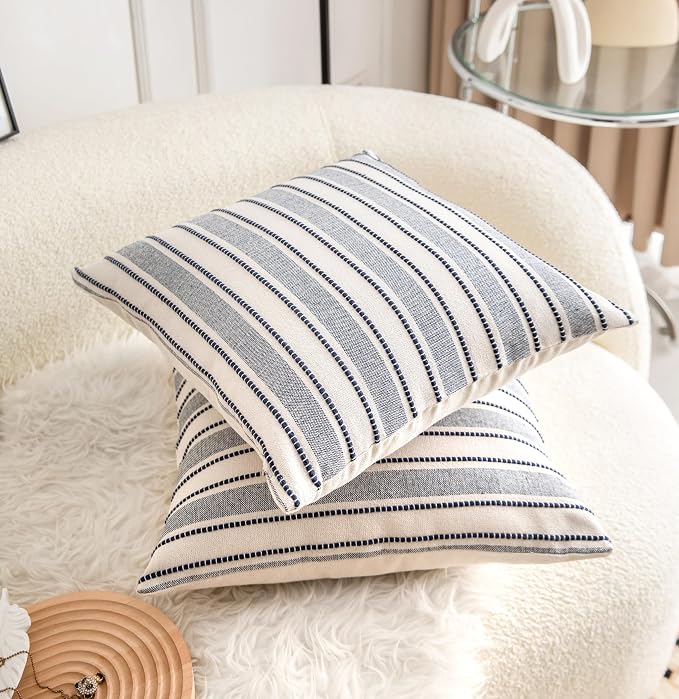 Cethom Decorative Boho Throw Pillow Covers, Farmhouse Textured Pillow Case, 22 x 22 Inch Set of 2, Chair Sofa Bedroom Living Room Decor Couch Cushion Case, Navy Blue and Beige Striped