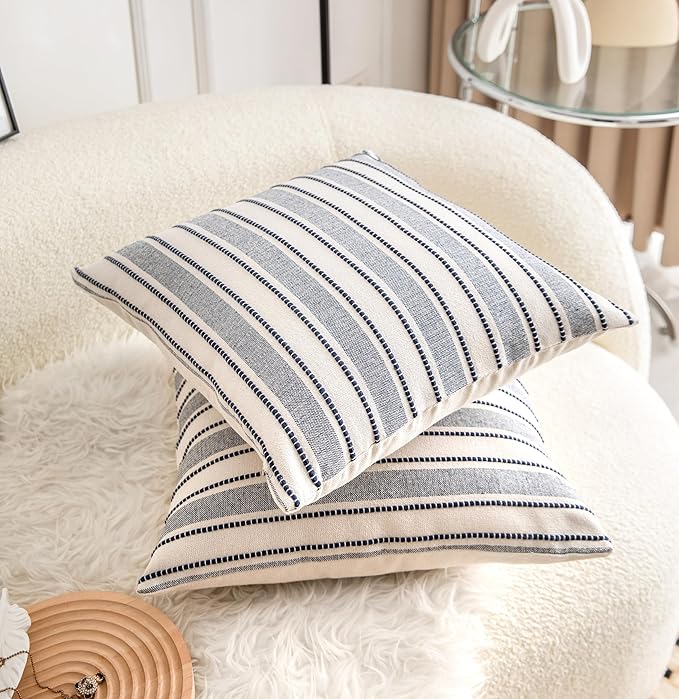 Cethom Decorative Boho Throw Pillow Covers, Farmhouse Textured Pillow Case, 18 x 18 Inch Set of 2, Chair Sofa Bedroom Living Room Decor Couch Cushion Case, Navy Blue and Beige Striped