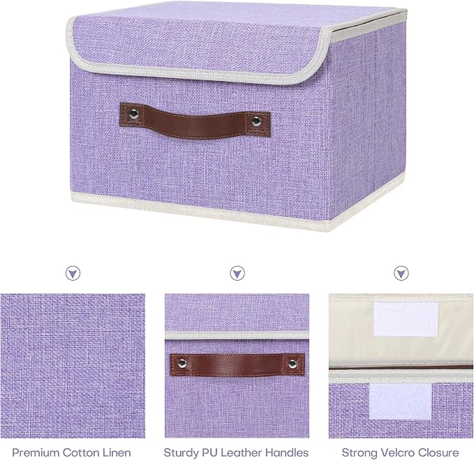 ANMINY Fabric Storage Box Bins with Lids, Purple, 10"x8"x7", 2 Pack | Keepsake Memory Storage, Cotton Linen, PP Board Reinforced, Washable, PU Handles, Foldable & Stackable, Decorative, Small