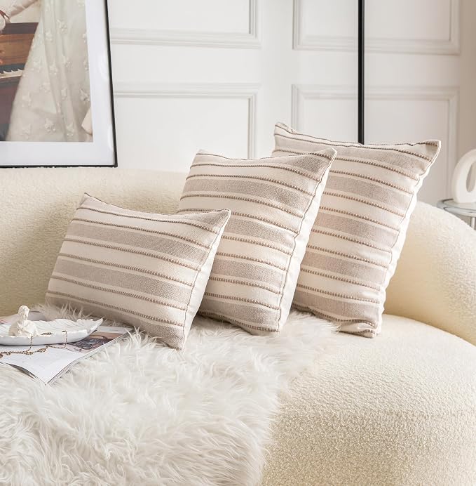 Cethom Decorative Boho Lumbar Throw Pillow Covers, Farmhouse Textured Pillow Case, 12 x 20 Inch Set of 2, Chair Sofa Bedroom Living Room Home Decor Couch Cushion Case, Tapue and Beige