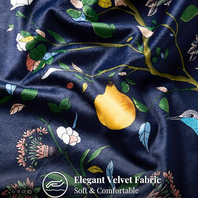 Navy Blue Velvet Floral Decorative 12x20 Lumbar Pillow Covers Set of 2 | Durable and Sturdy,Botanical Printed Pattern,Throw Pillows Case,Rectangle,Colorful Farmhouse,Home Sofa Bed Couch Decor