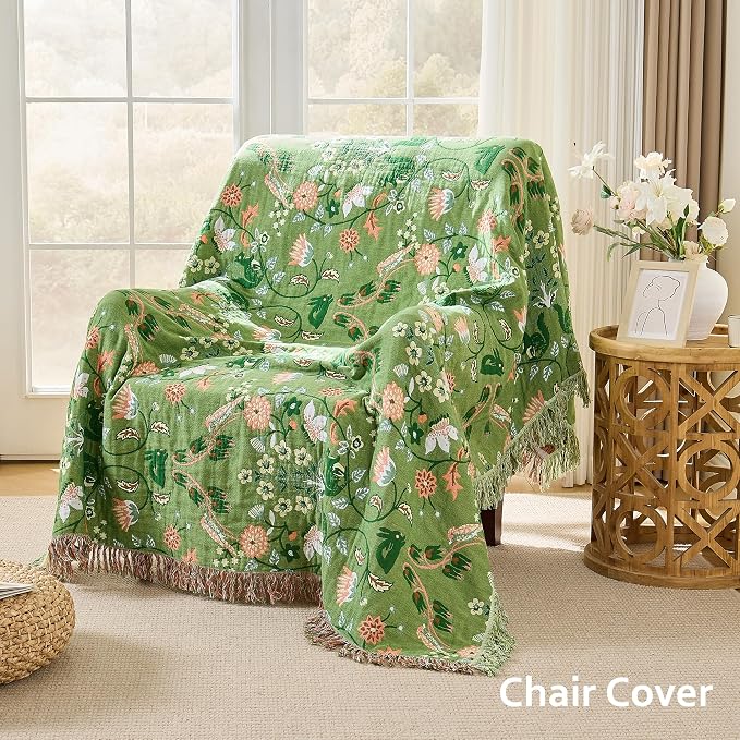 VANJOROY King Boho Throw Blanket, 100% Organic Cotton Breathable Skin-Friendly Ultra Soft 91" x 98" Bed Quilt Green Throw - Floral Rustic Decor Luxury Reversible Blanket for Sofa Couch Chair and Gift