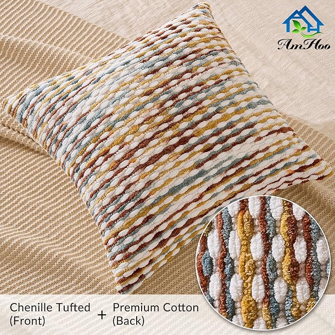 Boho Chenille Pillow Cover Decorative Tufted Pillowcase for Couch Bed Sofa Bedroom Living Room Modern 18 x 18-Inch Brown
