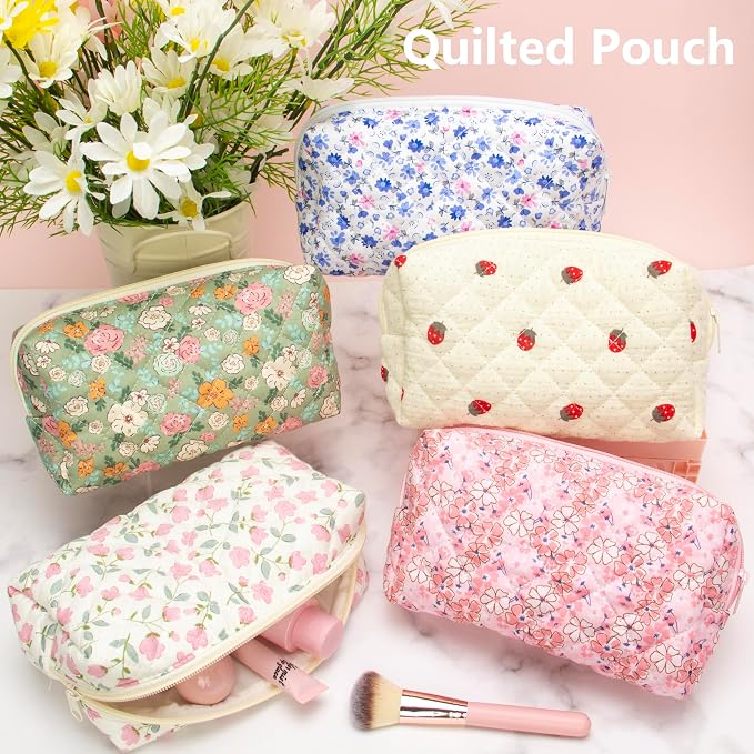 PAZIMIIK Small Quilted Makeup Bag,Zipper Cosmetic Pouch,Green Floral,6 Pack | Lightweight Cosmetic Bag Organizer for Women,Purse Storage Holds Makeup,Toiletries,Skincare,Beauty Essentials,Travel Items