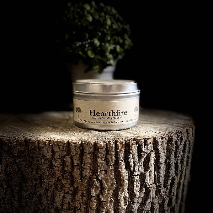Hearthfire in Tin Can by GWE - Smoky Sandalwood Scented Soy Candle w/Wood Wick - Dark Sweet Creamy Aromatherapy - Infused w/Natural Oils, Made in The USA - Gift for Men & Women