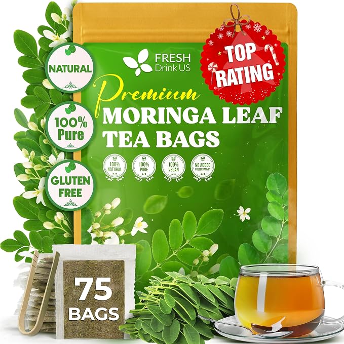 FreshDrinkUS, Premium 75 Moringa Tea Bags, 100% Natural & Pure, Herbal Tea, Made with Natural Materials-Corn Fiber Tea Bags, Sugar/Gluten Free. Rich in Antioxidants and Vitamins.