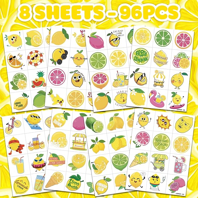 96 PCS Lemon Pre-Cut Temporary Tattoos for Kids | Super Cute Themed Birthday Party Favors, Supplies, Decorations, Funny Lemonade Lime Fake Tattoo Stickers, School Prizes & Gifts Boys & Girls & Rewards
