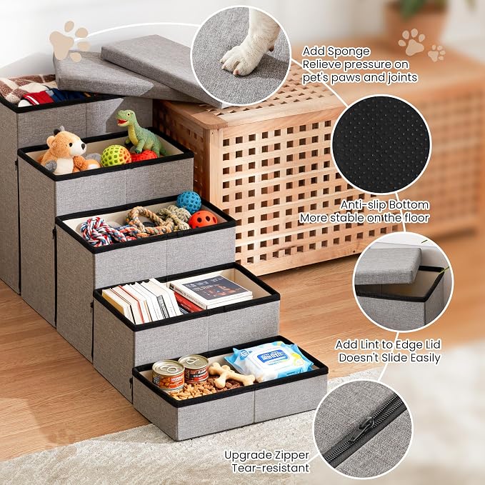 Love's cabin Dog Stairs for High Bed, Foldable Pet Stairs for Small Medium or Large Dogs Puppy with Storage for Bed or Couch, Cat Dog Steps Ramp with Zip up to 200 lbs, Solid Grey, 5 Steps