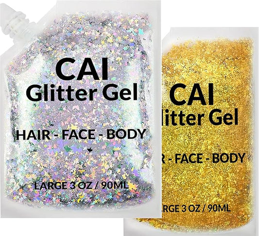 Face, Body & Hair Glitter Gel – Halloween Glitter for Kids and Women – 3 Oz Cosmetic-Grade Gel w/Moon & Stars for Festivals & Halloween Party, Easy Apply & Wash Off - Silver/Gold 2Pack