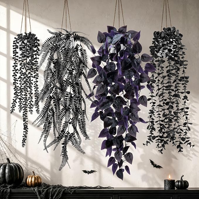 Der Rose 4 Pcs Fake Hanging Plants for Halloween Bathroom Decor Indoor | Black and purple party decorations for gothic halloween decor, bathroom shelves, covered porches and Halloween mantel decor