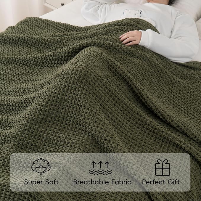 Olive Green Throw Blanket for Couch, Waffle Knit Blanket Throw 60"x80" | Chunky Chenille Throw Blanket, Soft Dark Green Throw Blanket for Home Decor, Sofa, Men, Modern Farmhouse Knitted Style