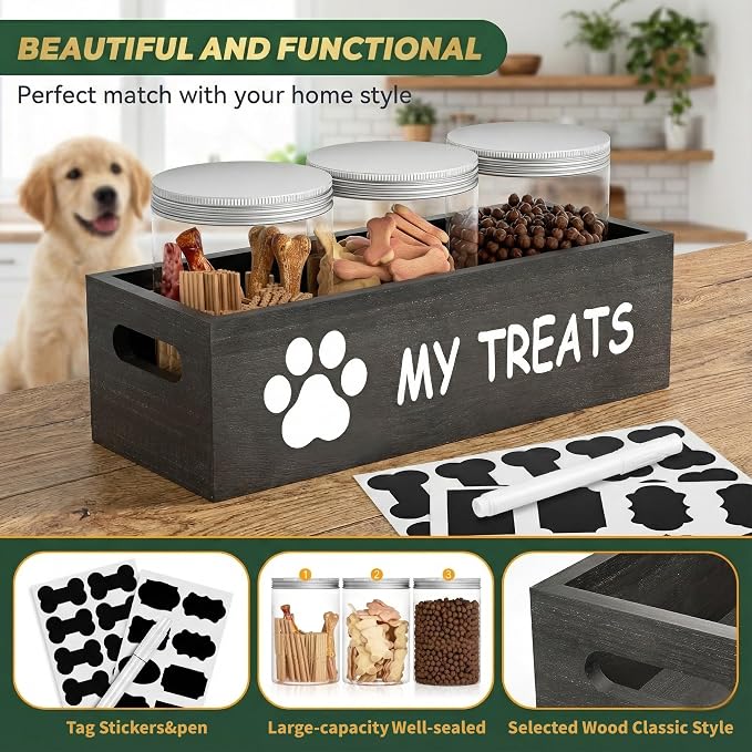 qeerable Dog Treat Container Airtight Storage Jars Set of 3 - Clear Plastic Pet Treat Canister with Lids - Dog Food Container for Countertop Organization (grey)
