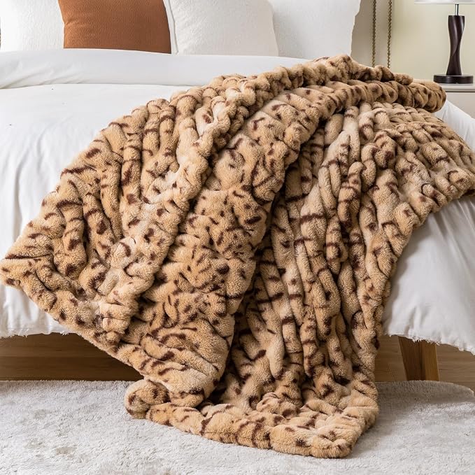 BATTILO Faux Fur Throw Blanket for Couch, 50"x60", Double Side | Cozy Mink Plush Soft Bubble Blanket, Leopard Print Faux Fur Blanket For Bed, Sofa, Living Room