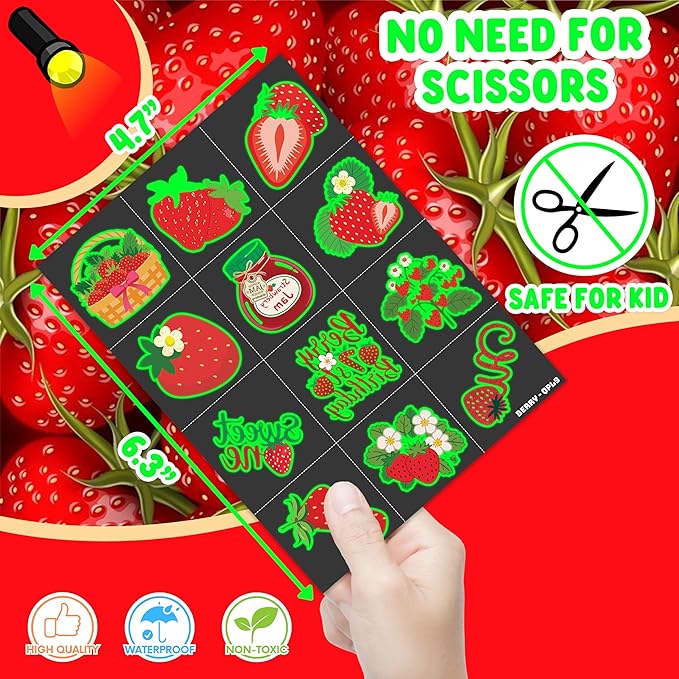 96 PCS Strawberry Berry Pre-Cut Luminous Glow in The Dark Temporary Tattoos for Kids | Super Cute 1st Themed Birthday Party Favors, Supplies, Decorations, Fake Tattoo Stickers Gifts for Boys Girls