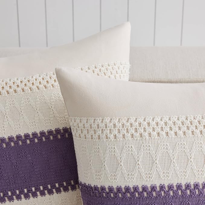 2 Pack Boho Throw Pillow Covers, Contrast Purple 20x20in | Soft Breathable Cotton, Farmhouse Decorative Couch Pillow Cases, Cushion Covers for Sofa Bed Living Room Home Decor