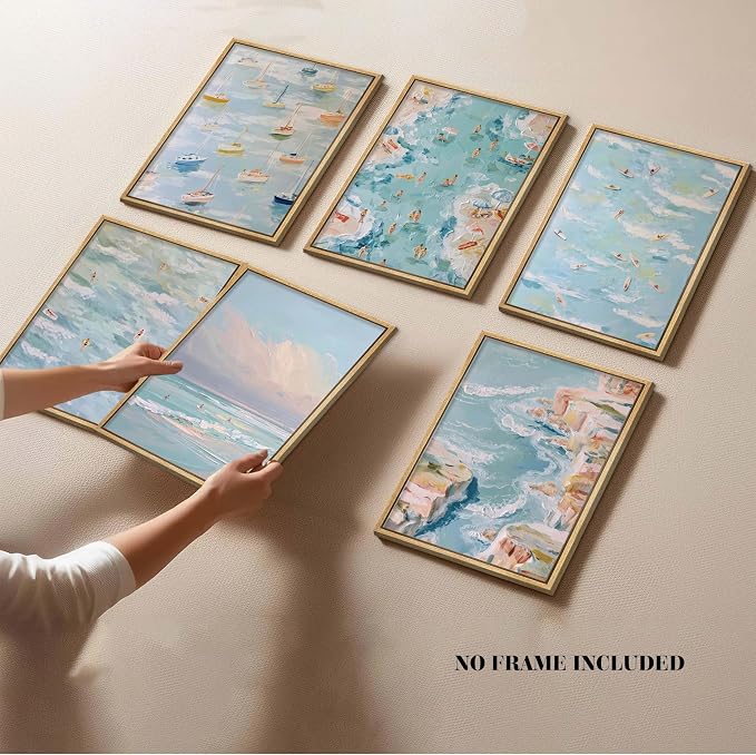 Coastal Beach Canvas Wall Art Set of 6, Abstract Ocean Sailing Boats and Surfboard Posters Wall Decor, Aesthetic Seaside Landscape Artwork Posters Prints for Living Room Bedroom 8x10 Inch Unframed