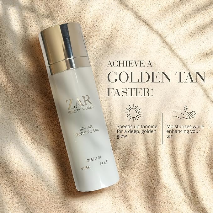 Zar Solar Tanning Oil | Fast Dark Tanning Accelerator for Outdoor Use | Natural, Non-Greasy Formula with Sweet Almond & Jojoba Oils | Nourishes & Protects Skin | Perfect for Face & Body - 100 ml