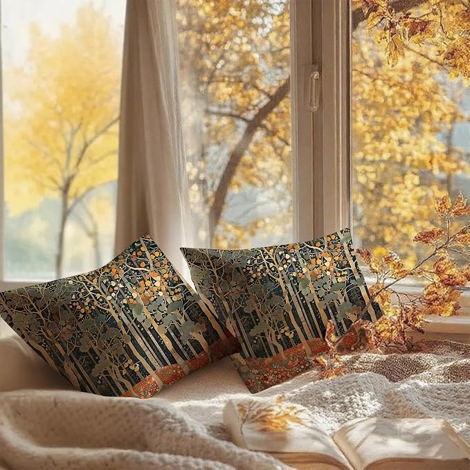 452 Rustic Fall Forest William Morris Style Pillow Covers 22x22 | Fall Autumn Home Room Decor, Vintage Botanical Nature Decorative Throw Pillow Covers for Home Bedroom Living Room Set of 2