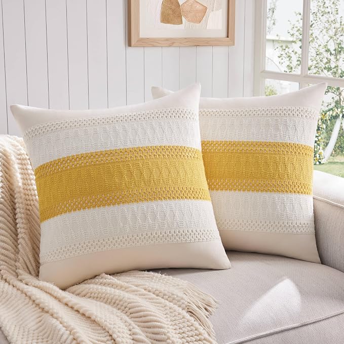2 Pack Boho Throw Pillow Covers, Contrast Mustard 22x22in | Soft Breathable Cotton, Farmhouse Decorative Couch Pillow Cases, Cushion Covers for Sofa Bed Living Room Home Decor