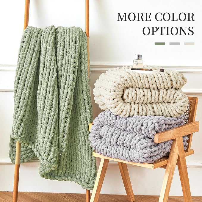 Chunky Knit Blanket Throw for Couch, 40"x50" Chunky Yarn Knitted Blankets | 100% Hand Knit Thick Chenille, Soft Breathable for Bed, Sofa, Home Decor, Cozy Gifts for Women Friends, Sage Green