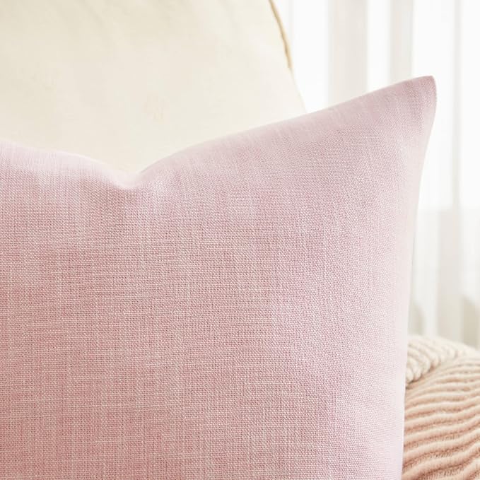 Rustic Linen Throw Pillow Covers Set of 2, Pink 20x20in | Textured Pillow Case, Rustic Cotton Linen Fabric, Modern Farmhouse Cushion Covers for Sofa Bed Living Room Home Decor